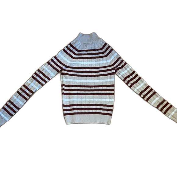 Hooked Up Striped Mock Neck Cable Knit Sweater Tan Burgundy Size Small - Picture 4 of 8